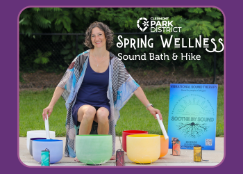 Woman sitting with multi-colored sound-bowls, white text next to here reads "Spring Wellness Sound Bath and Hike"